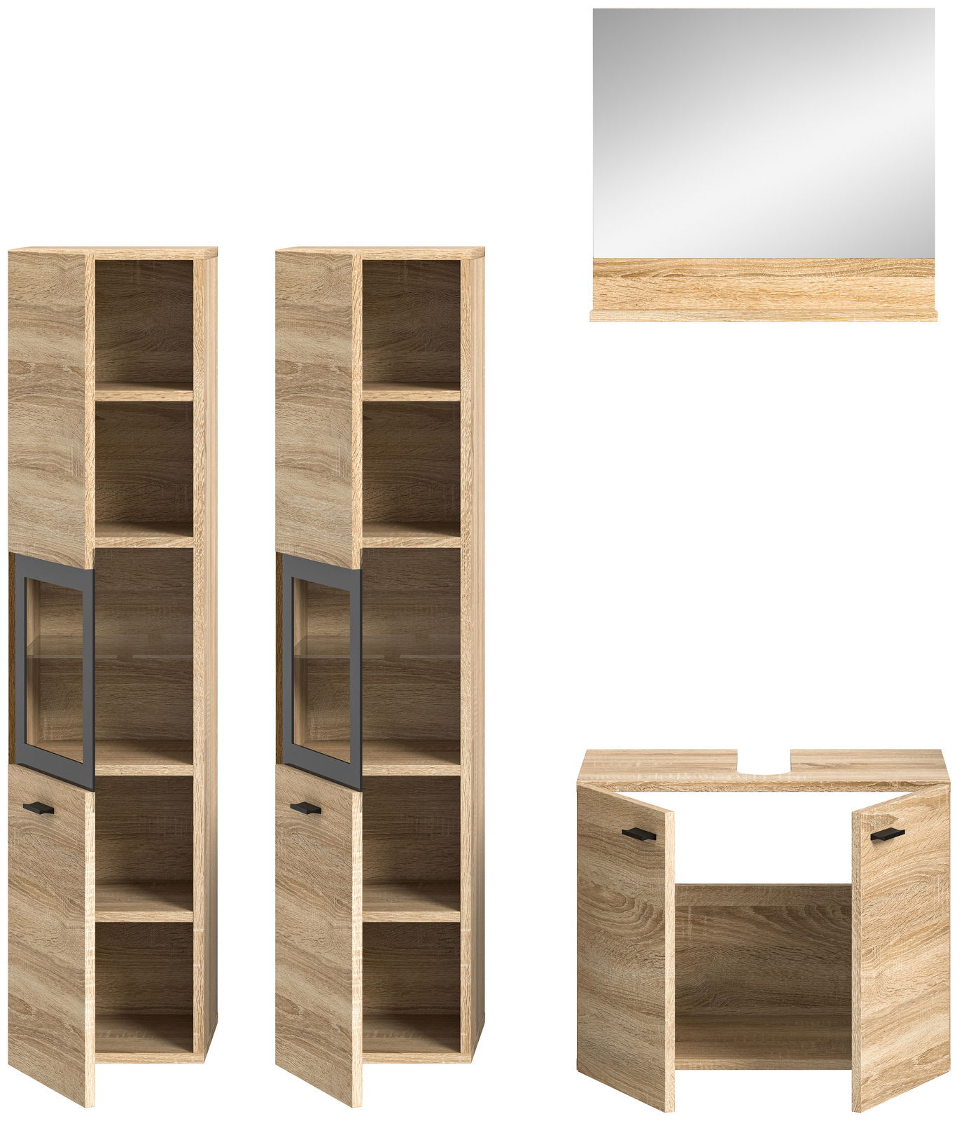 Badkombination BOSTON bestehend aus zwei hohen Schränken mit offenen und geschlossenen Fächern, einem Spiegel und einem Unterschrank, in Holzoptik, frontal abgebildet.