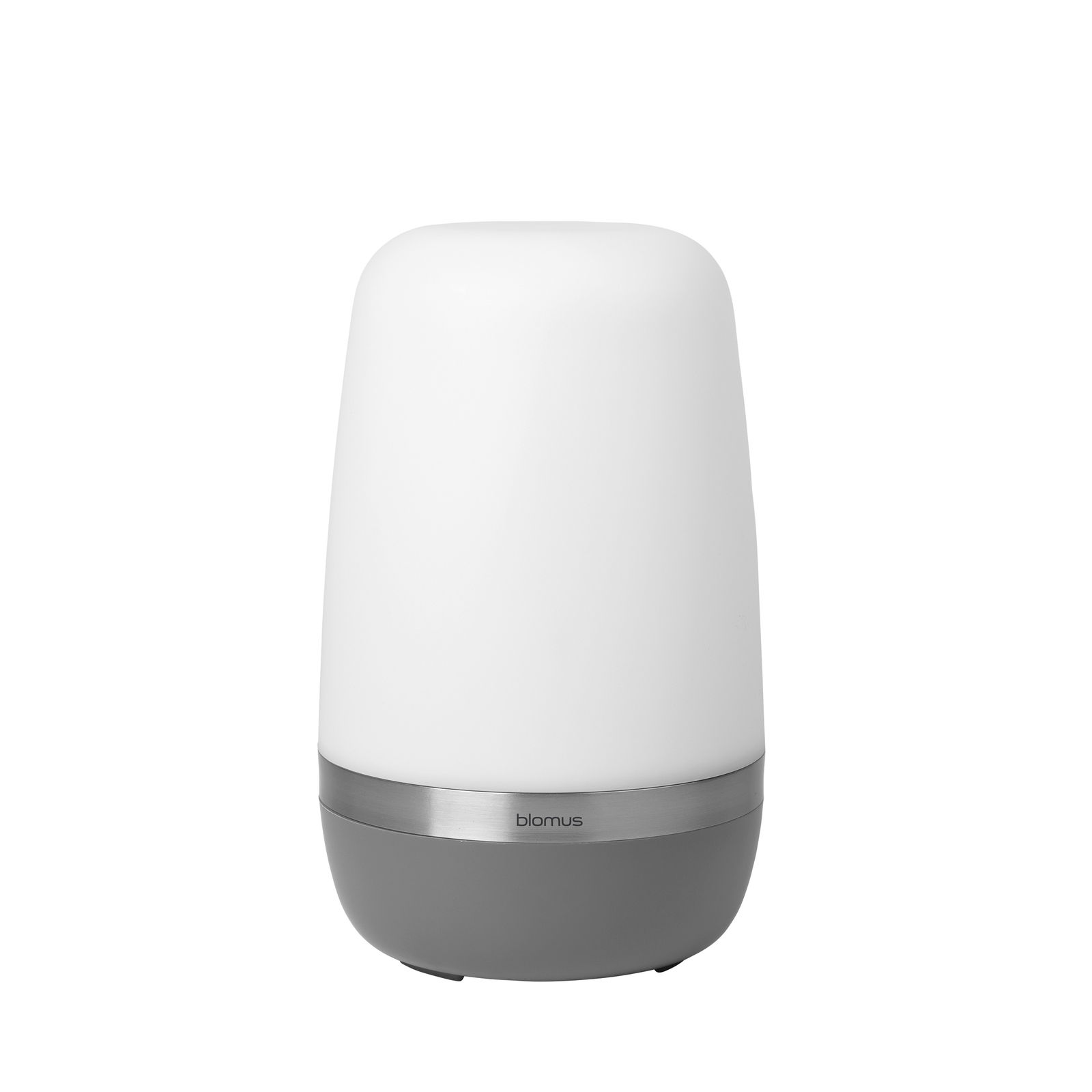 LED-Outdoorleuchte SPIRIT in zylindrischer Form, seitliche Perspektive, mit weißem Leuchtkörper und grauem Sockel.