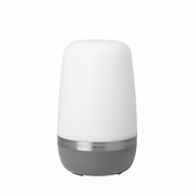 LED-Outdoorleuchte SPIRIT in zylindrischer Form, seitliche Perspektive, mit weißem Leuchtkörper und grauem Sockel.