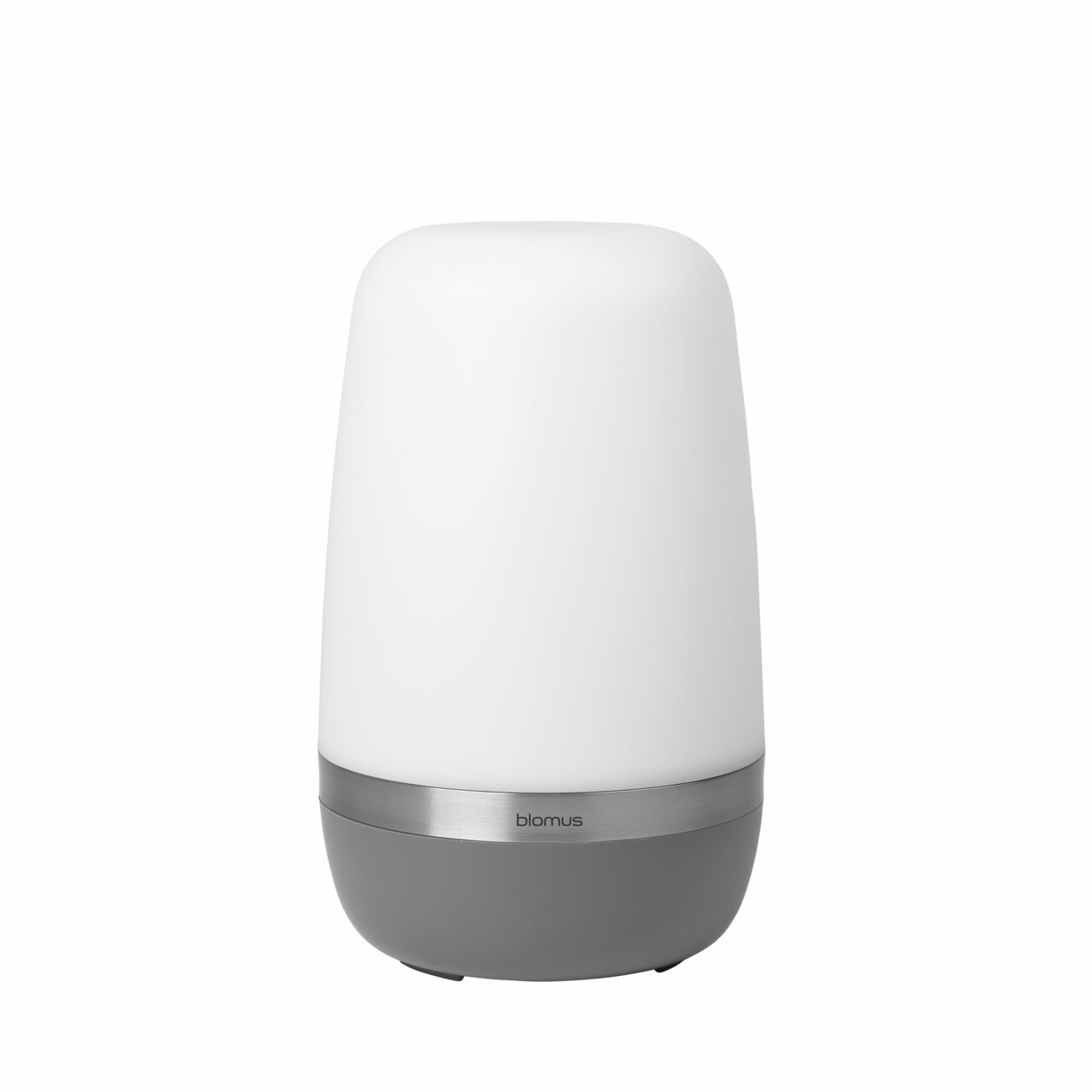 LED-Outdoorleuchte SPIRIT in zylindrischer Form, seitliche Perspektive, mit weißem Leuchtkörper und grauem Sockel.