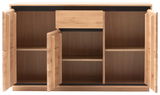 Offenes Sideboard aus Holz mit drei Türen und einem Schubfach, frontal betrachtet.