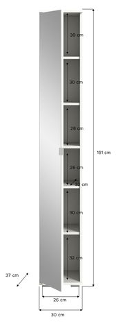 Schmaler Spiegelschrank mit mehreren Fächern, seitliche Perspektive, Maße: 191 cm hoch, 30 cm breit, 37 cm tief.