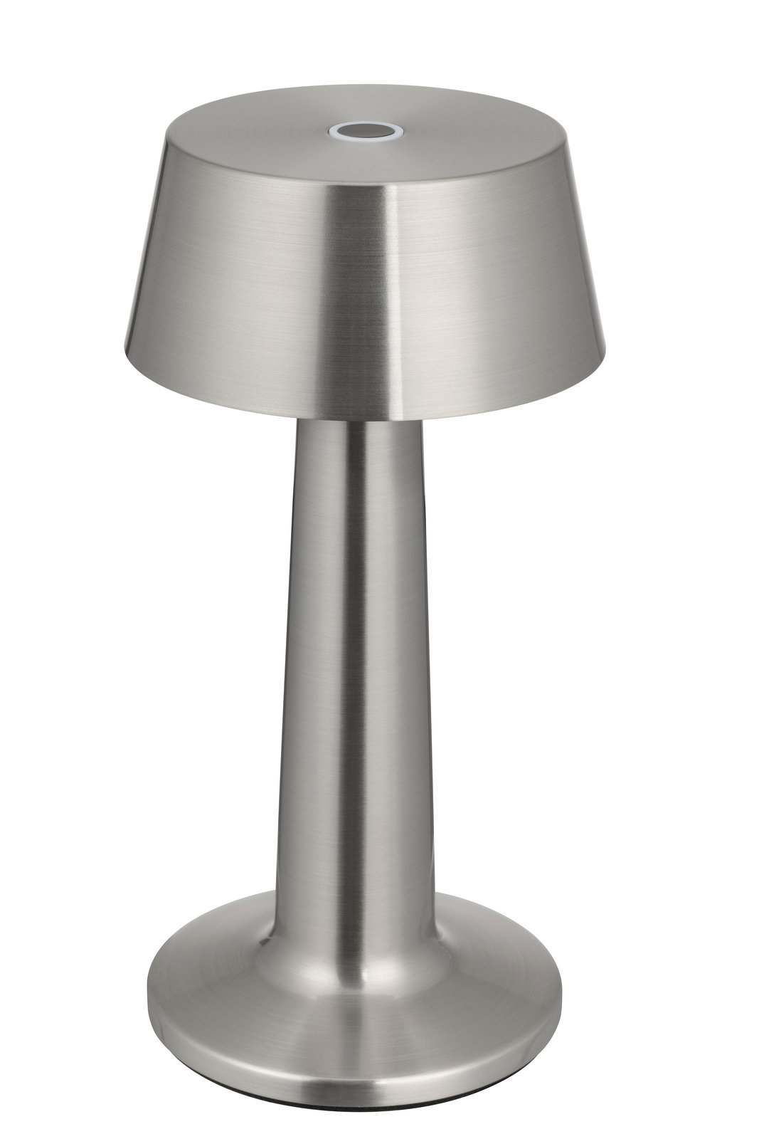 Moderne Akku-Tischleuchte aus gebürstetem Metall in Frontalansicht