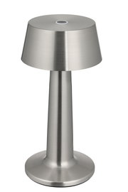 Moderne Akku-Tischleuchte aus gebürstetem Metall in Frontalansicht