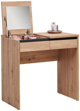 Schminktisch aus Holz mit hochgeklapptem Spiegel und Kosmetikartikeln, seitliche Perspektive