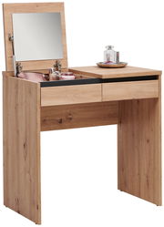 Schminktisch aus Holz mit hochgeklapptem Spiegel und Kosmetikartikeln, seitliche Perspektive