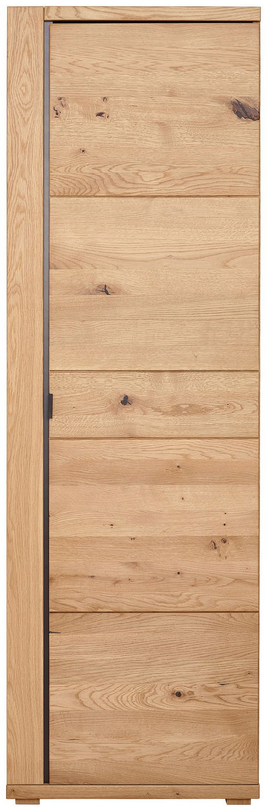Frontale Ansicht eines Garderobenschranks aus Holz mit natürlicher Maserung und vertikalem Griff.