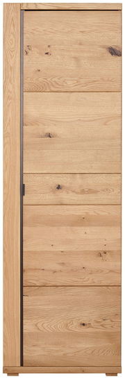 Frontale Ansicht eines Garderobenschranks aus Holz mit natürlicher Maserung und vertikalem Griff.