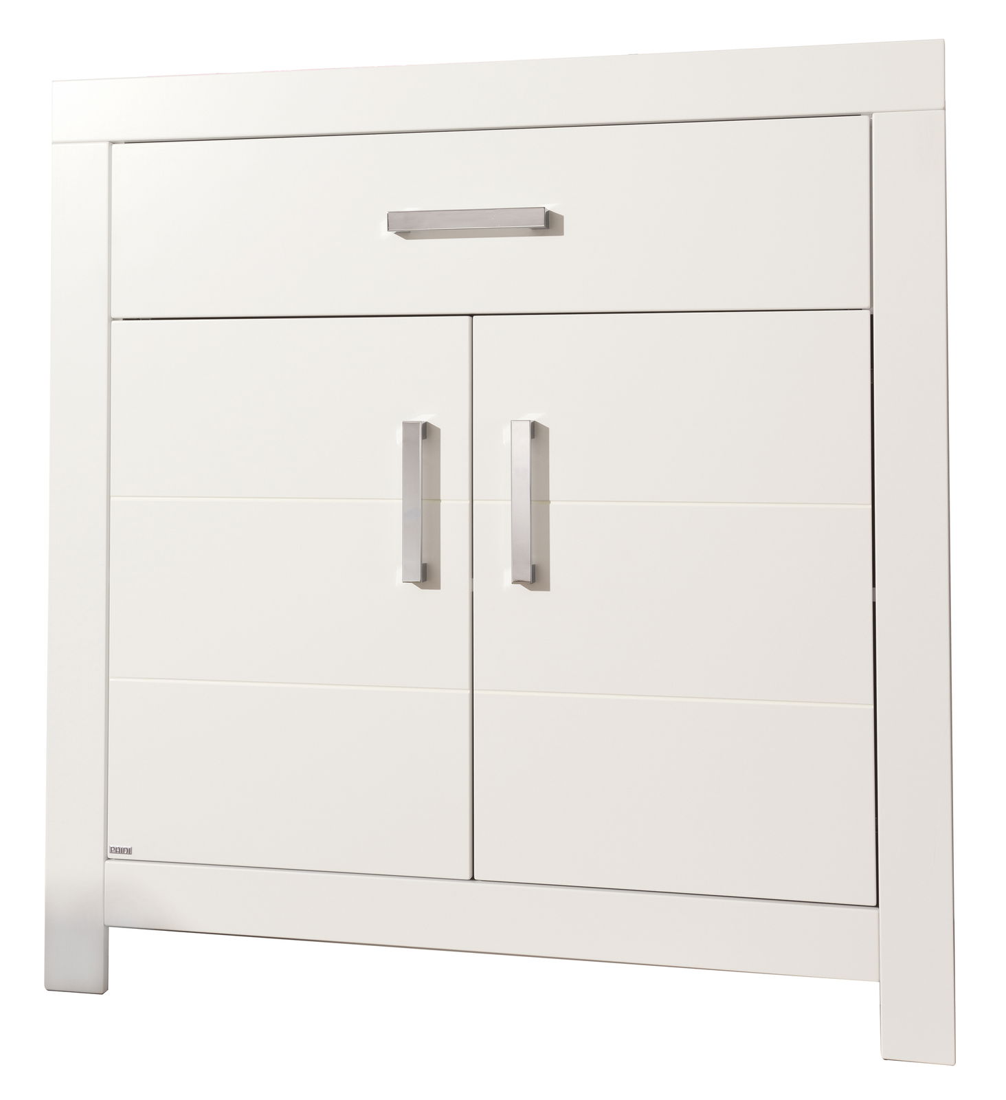 Weißes Highboard mit einer Schublade und zwei Türen, Frontansicht