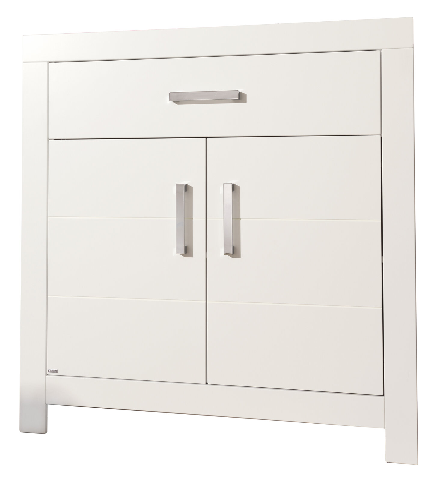 Weißes Highboard mit einer Schublade und zwei Türen, Frontansicht