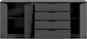Anthrazitfarbene Kommode/Sideboard mit zwei geöffneten Türen links und rechts sowie vier Schubladen in der Mitte, Frontansicht