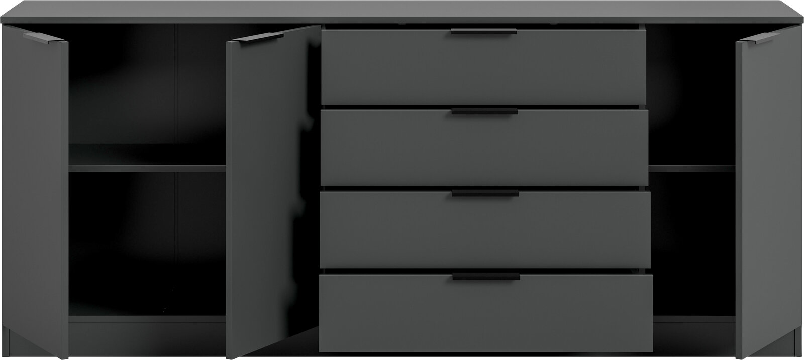 Anthrazitfarbene Kommode/Sideboard mit zwei geöffneten Türen links und rechts sowie vier Schubladen in der Mitte, Frontansicht