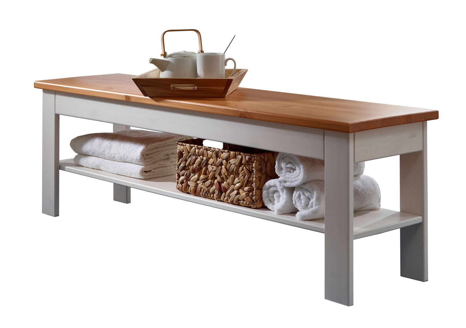 Holzbank mit Stauraum, dekoriert mit Tablett und Teeservice, seitliche Perspektive