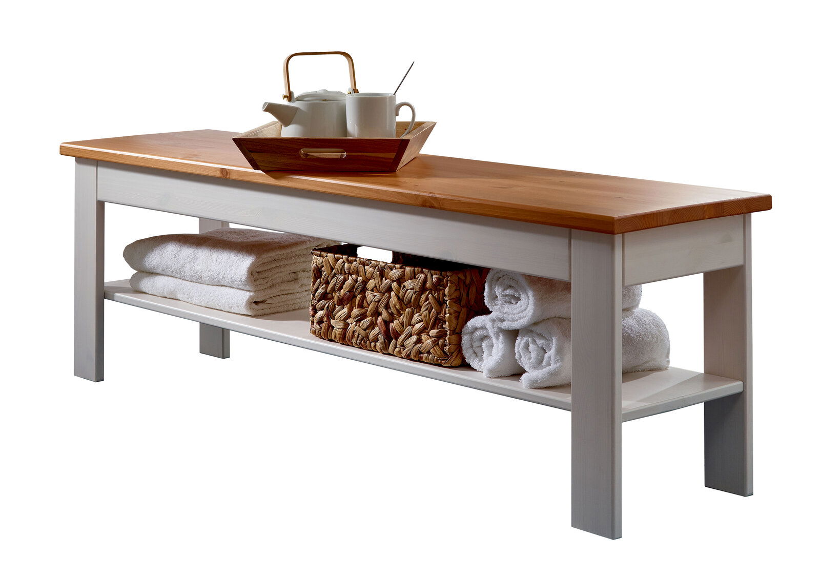Holzbank mit Stauraum, dekoriert mit Tablett und Teeservice, seitliche Perspektive