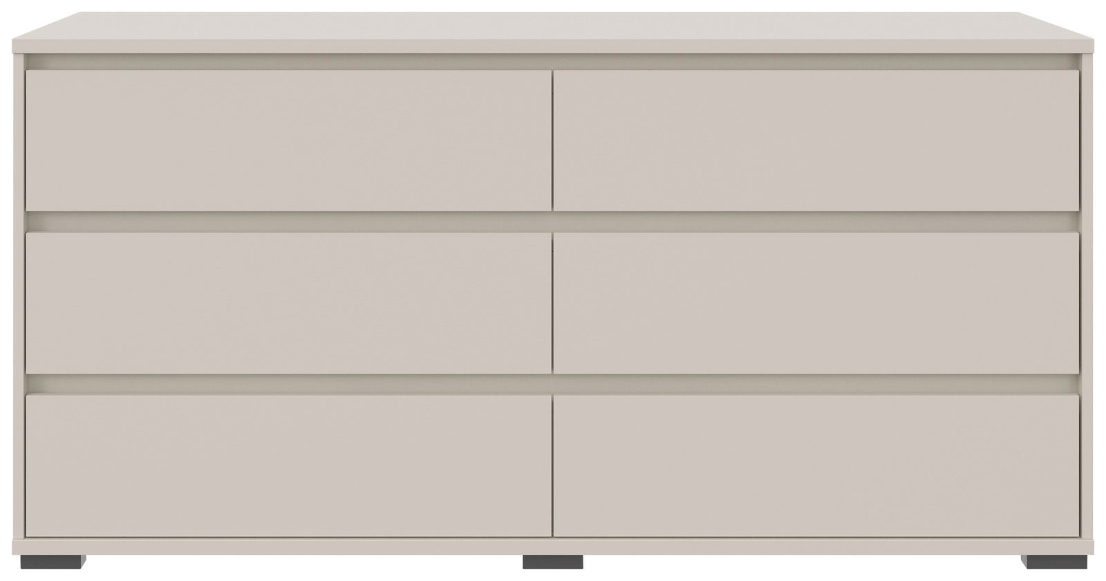 Frontansicht eines modernen, minimalistischen XL-Sideboards mit sechs Schubladen in neutralem Farbton.