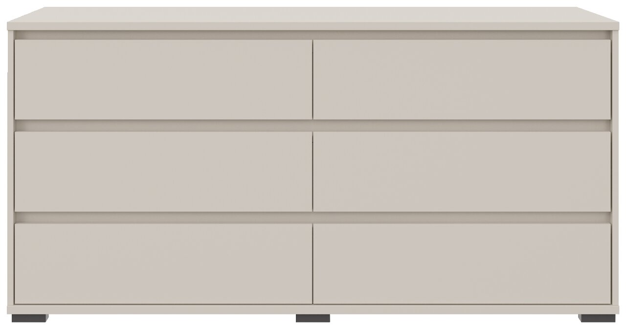 Frontansicht eines modernen, minimalistischen XL-Sideboards mit sechs Schubladen in neutralem Farbton.