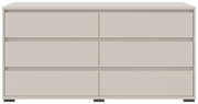 Frontansicht eines modernen, minimalistischen XL-Sideboards mit sechs Schubladen in neutralem Farbton.