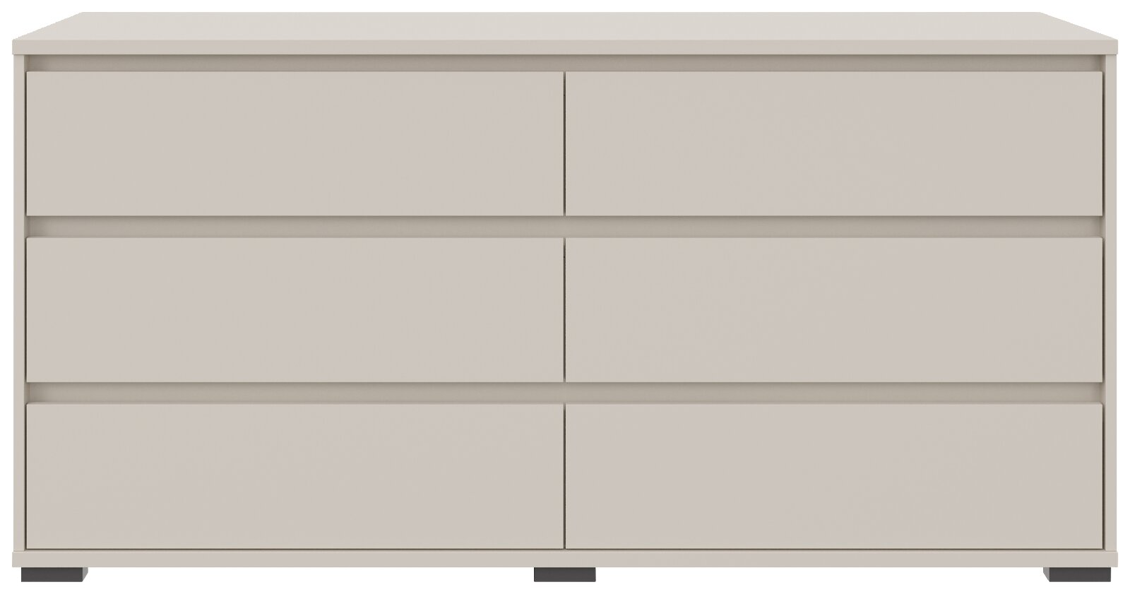 Frontansicht eines modernen, minimalistischen XL-Sideboards mit sechs Schubladen in neutralem Farbton.