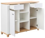 Weiße Kommode mit Holzoberfläche, zwei offenen Schubladen und zwei geöffneten Türen, seitliche Perspektive