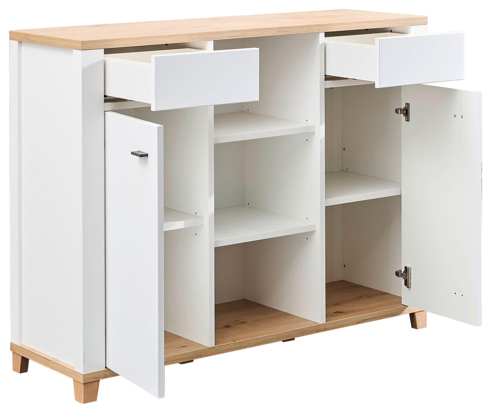 Weiße Kommode mit Holzoberfläche, zwei offenen Schubladen und zwei geöffneten Türen, seitliche Perspektive