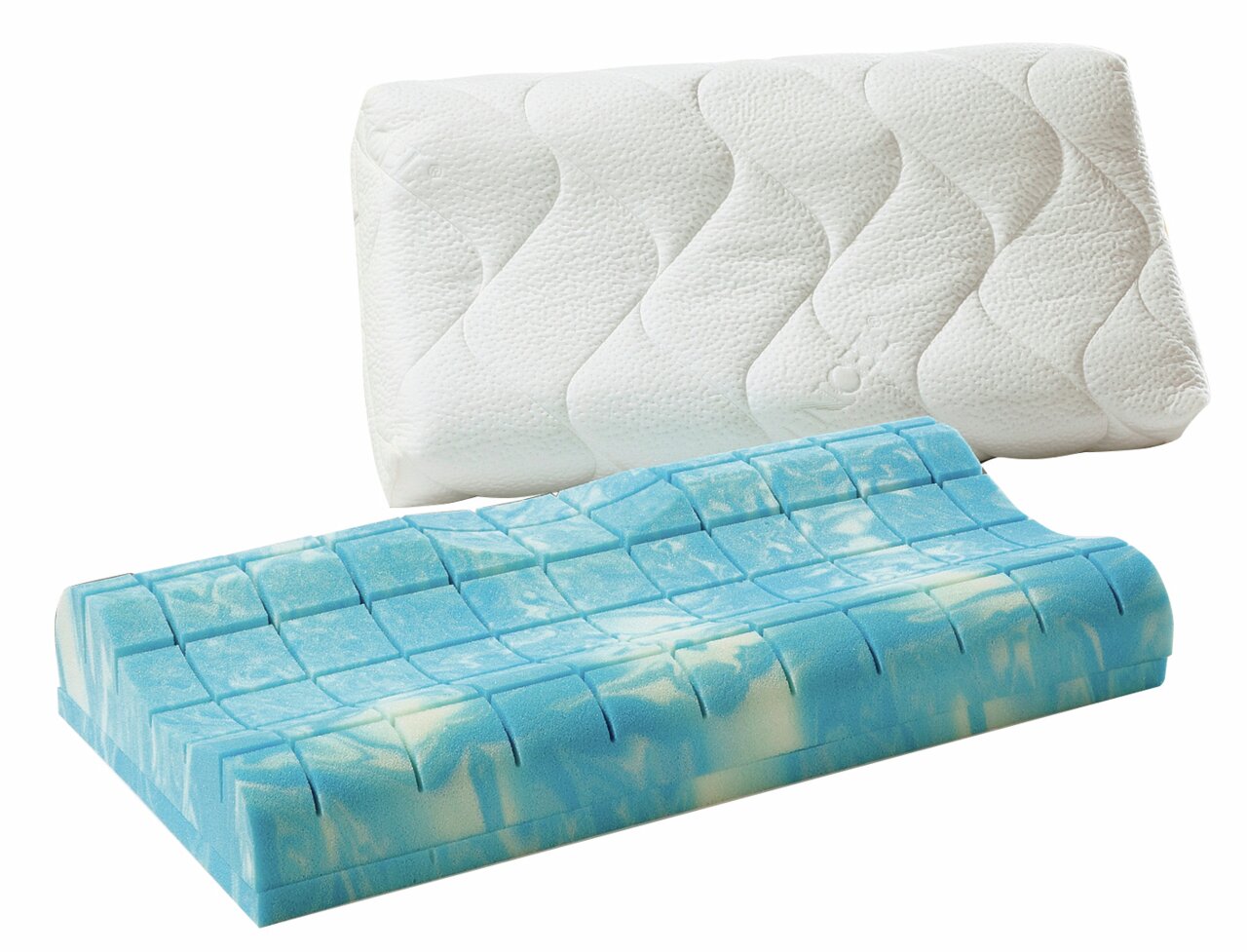 Nackenstützkissen 40 x 80 cm mit abnehmbarem Bezug, Vorderansicht des Kissens und des blauen Schaumstoffkerns