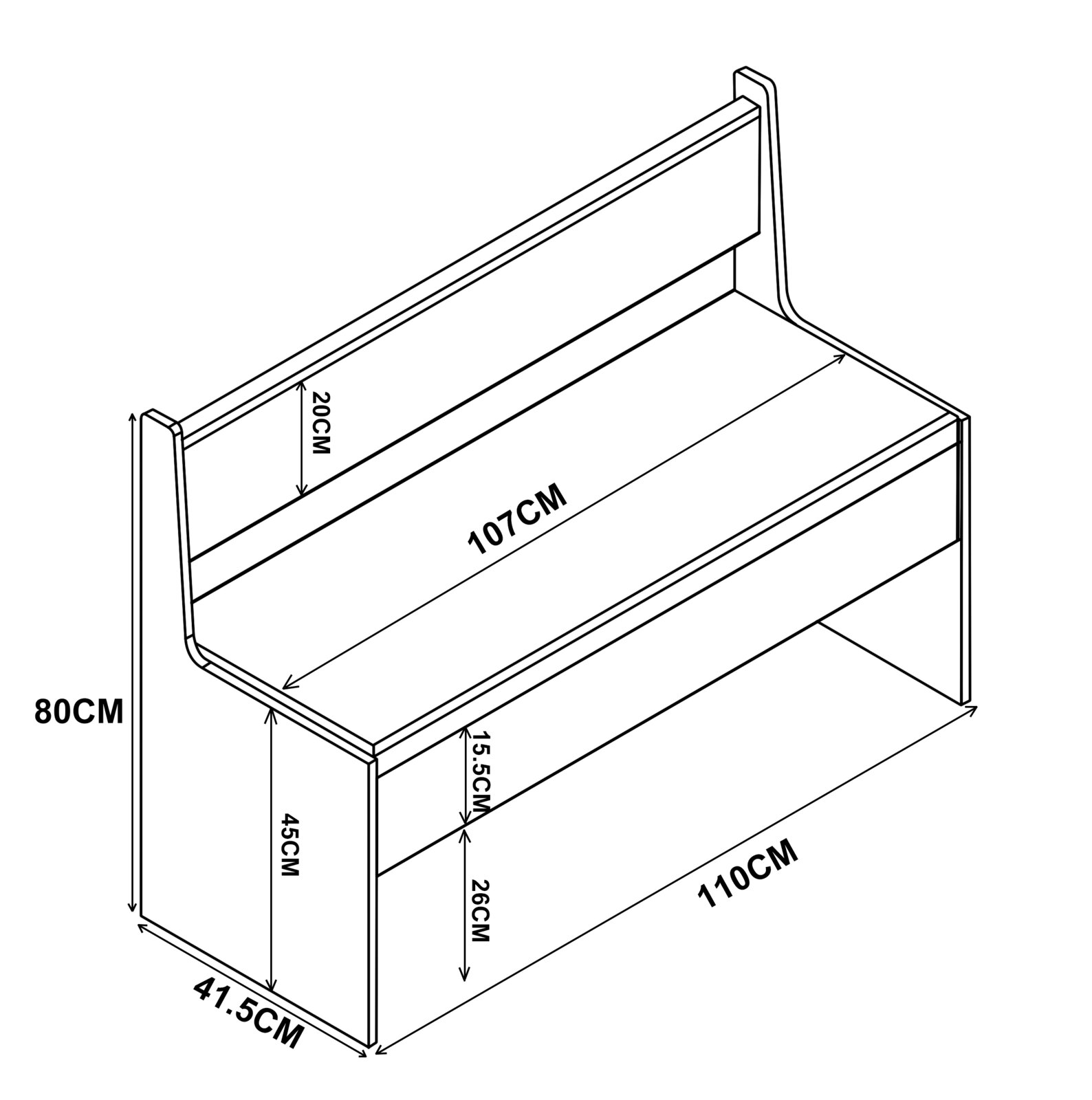 Technische Strichzeichnung eines zweistufigen Schuhregals/Regalbank mit Rückenlehne, Maße u. a. 110 cm Breite, 80 cm Höhe und 41,5 cm Tiefe, in schräger Perspektive von oben rechts.