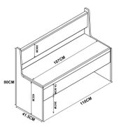 Technische Strichzeichnung eines zweistufigen Schuhregals/Regalbank mit Rückenlehne, Maße u. a. 110 cm Breite, 80 cm Höhe und 41,5 cm Tiefe, in schräger Perspektive von oben rechts.