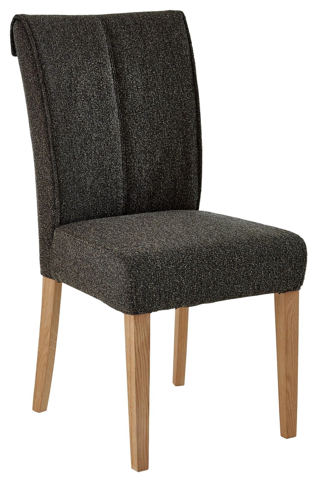 Moderner Stuhl mit dunklem Stoffbezug und hellen Holzbeinen, seitliche Perspektive