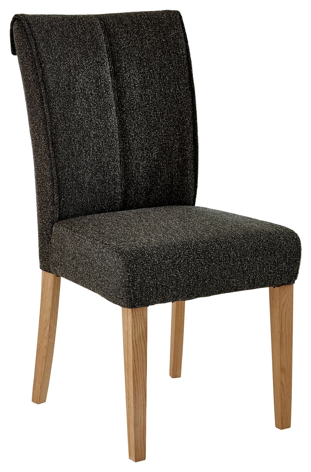 Valdera Stuhl ALEGRA II Moderner Stuhl mit dunklem Stoffbezug und hellen Holzbeinen, seitliche Perspektive