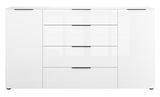 Frontansicht eines weißen XL-Sideboards mit vier Schubladen und zwei Türen.
