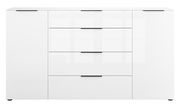 Frontansicht eines weißen XL-Sideboards mit vier Schubladen und zwei Türen.