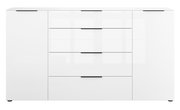 Frontansicht eines weißen XL-Sideboards mit vier Schubladen und zwei Türen.