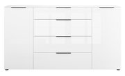 Frontansicht eines weißen XL-Sideboards mit vier Schubladen und zwei Türen.