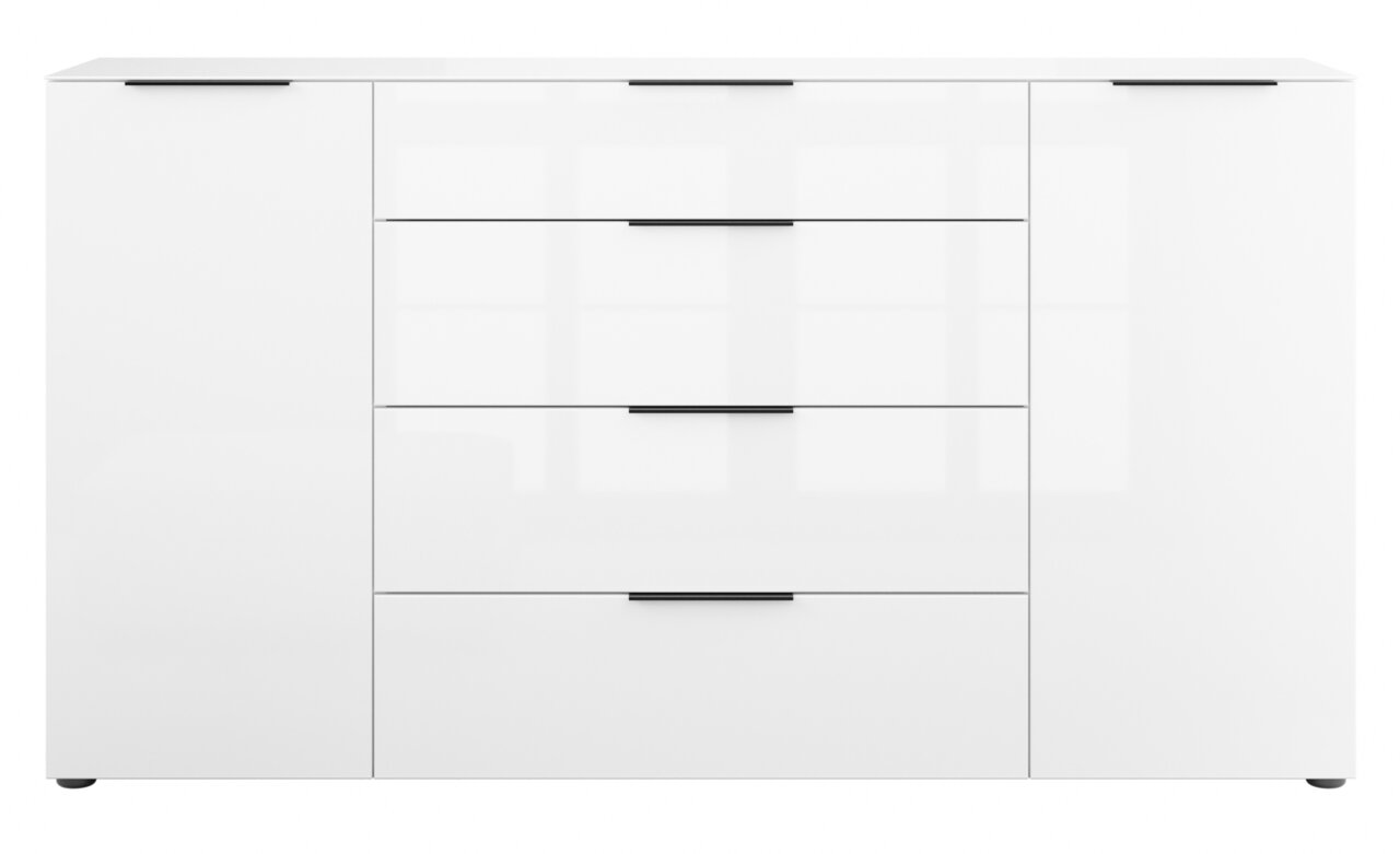 Vooraanzicht van een wit XL-dressoir met vier lades en twee deuren.