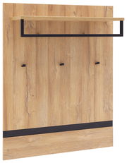 Garderobenpaneel aus Holz mit drei Haken und einer Ablage, seitliche Perspektive