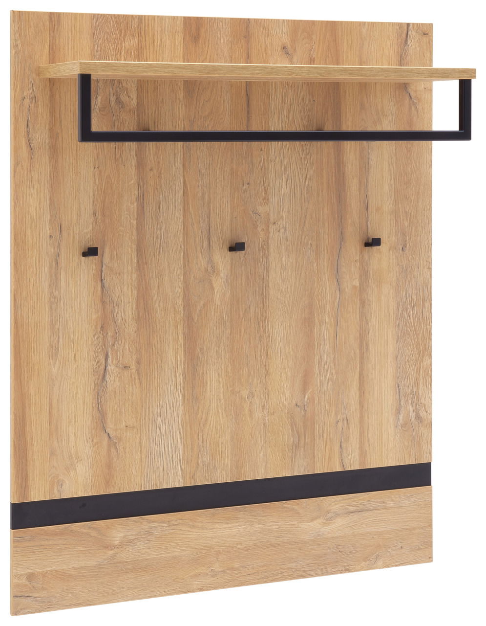 Garderobenpaneel aus Holz mit drei Haken und einer Ablage, seitliche Perspektive
