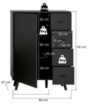 Schwarze Kommode mit vier Schubladen und einer Tür, die von vorne gezeigt wird. Die Kommode hat ein modernes Design mit Rautenmuster auf der Tür. Maße: 114 cm hoch, 84 cm breit, 37 cm tief.