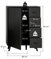 Schwarze Kommode mit vier Schubladen und einer Tür, die von vorne gezeigt wird. Die Kommode hat ein modernes Design mit Rautenmuster auf der Tür. Maße: 114 cm hoch, 84 cm breit, 37 cm tief.