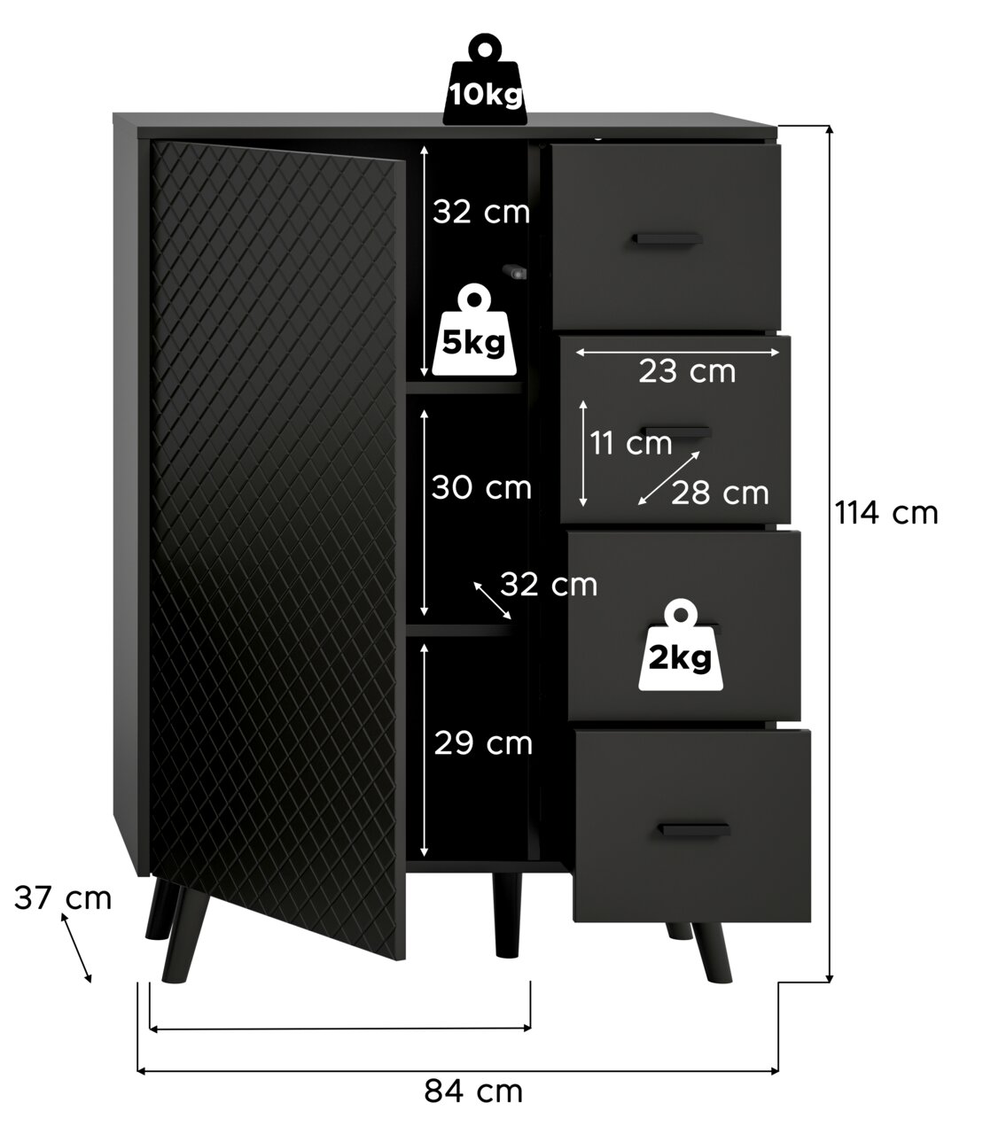 Schwarze Kommode mit vier Schubladen und einer Tür, die von vorne gezeigt wird. Die Kommode hat ein modernes Design mit Rautenmuster auf der Tür. Maße: 114 cm hoch, 84 cm breit, 37 cm tief.