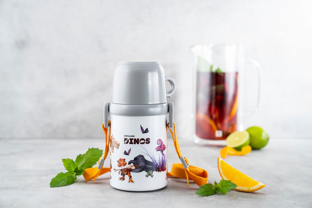 Thermoflasche mit Becher und Dinosaurier-Motiv, Vorderansicht, mit orangem Tragegurt und frischen Früchten im Hintergrund.