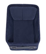 Dunkelblauer Badkorb Anela mini, rechteckig, von oben betrachtet, mit geflochtenem Design und Griffen an der Seite.