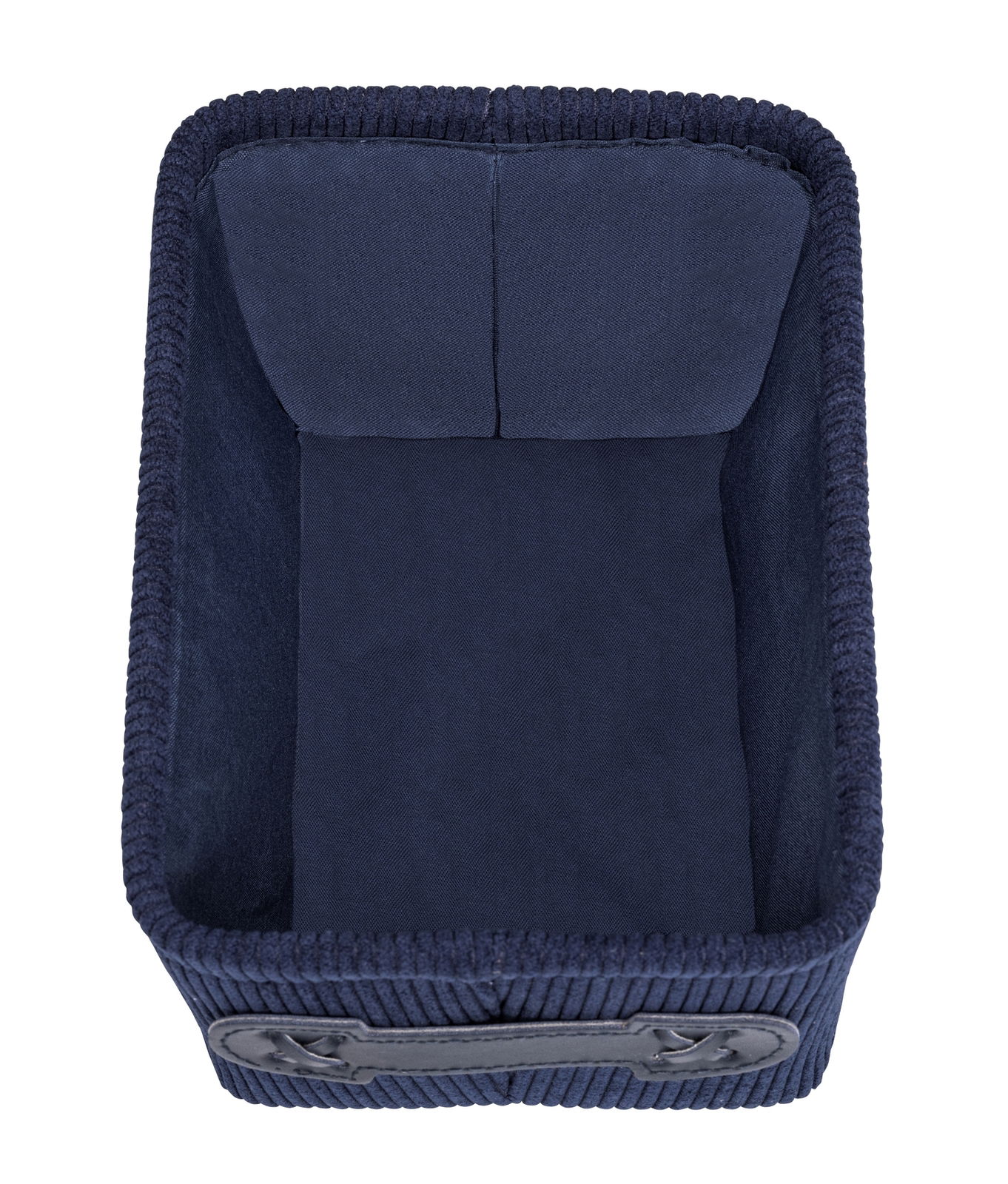 Dunkelblauer Badkorb Anela mini, rechteckig, von oben betrachtet, mit geflochtenem Design und Griffen an der Seite.