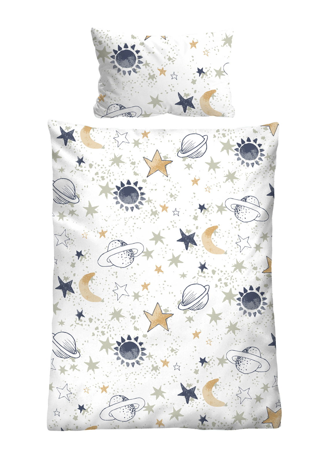 Biber Bettwäsche 100x135cm mit Weltraum-Motiven wie Planeten, Sterne und Monde, aus der Vogelperspektive fotografiert.