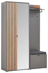Kompaktgarderobe Voleo PHIL in grauer Farbe mit Holzleisten und Spiegel, seitliche Perspektive