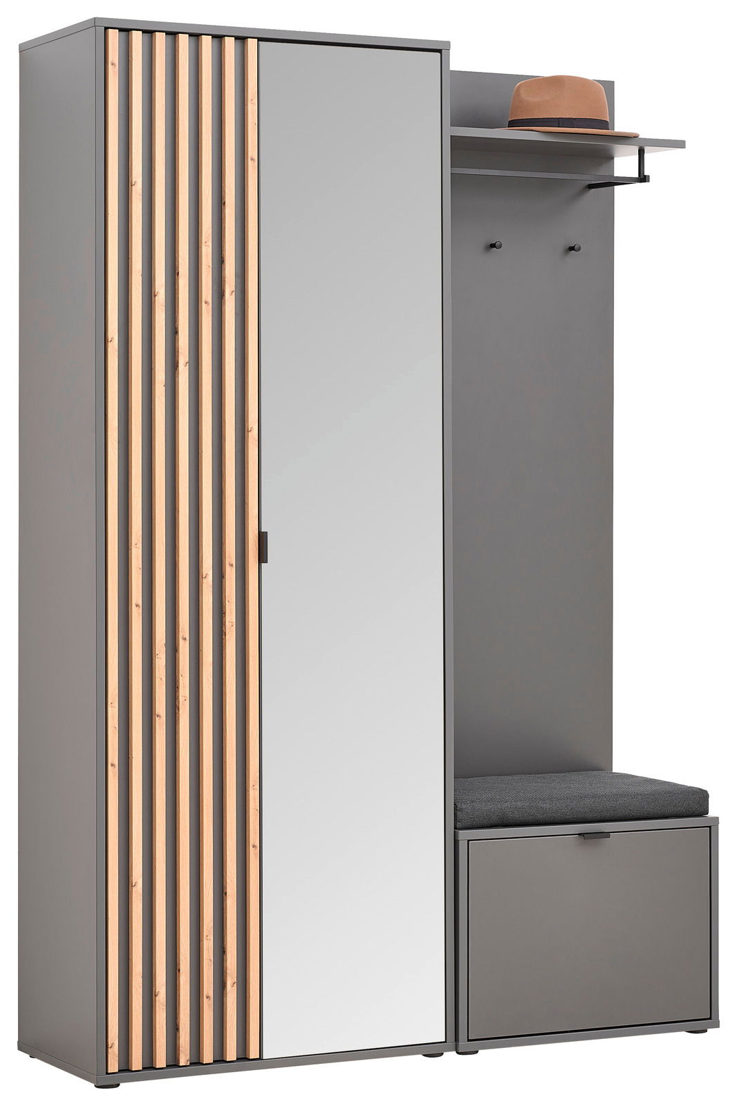 Voleo Kompaktgarderobe PHIL Kompaktgarderobe Voleo PHIL in grauer Farbe mit Holzleisten und Spiegel, seitliche Perspektive