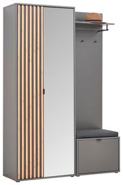 Kompaktgarderobe Voleo PHIL in grauer Farbe mit Holzleisten und Spiegel, seitliche Perspektive