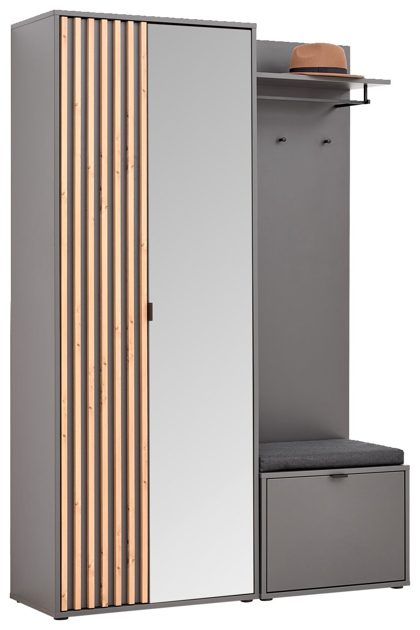 Voleo Kompaktgarderobe PHIL Kompaktgarderobe Voleo PHIL in grauer Farbe mit Holzleisten und Spiegel, seitliche Perspektive