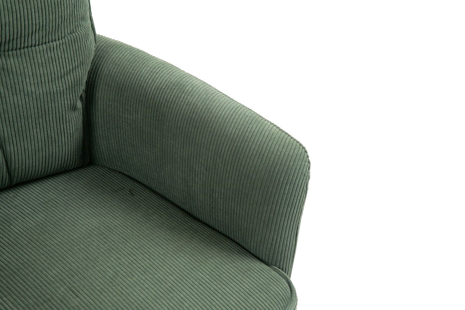 Nahaufnahme eines grünen Sessels mit geripptem Stoffbezug, Ansicht von oben.