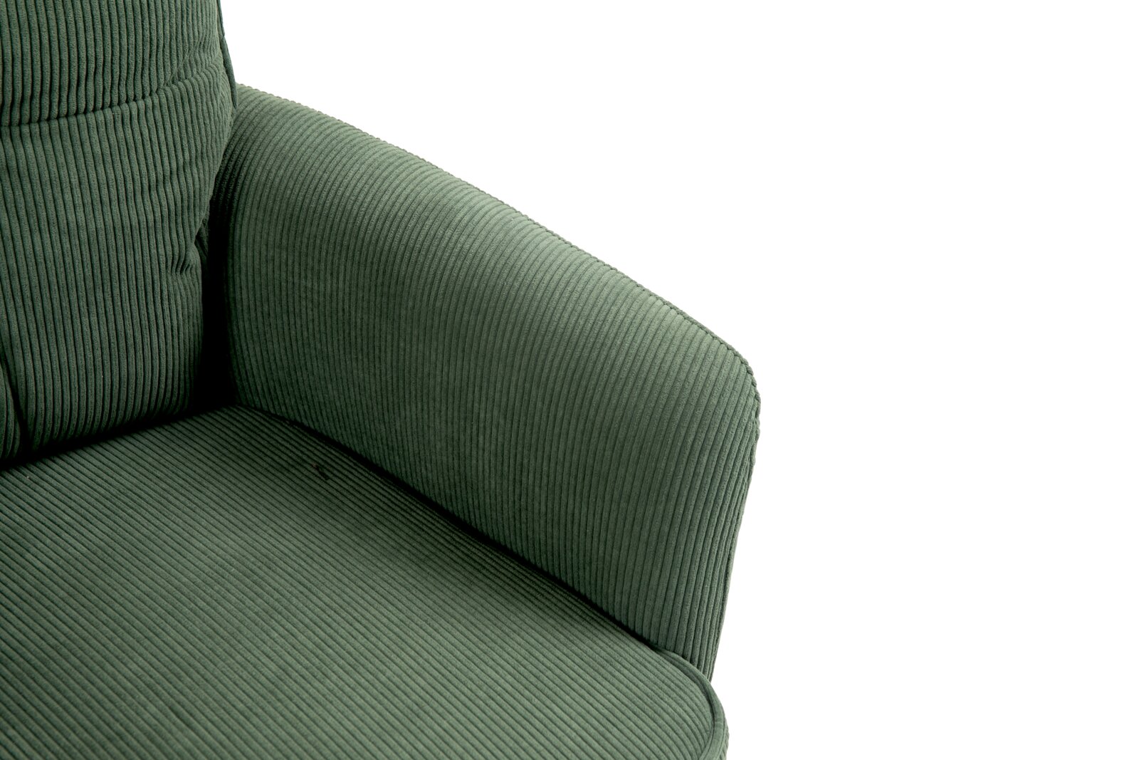 Close-up van een groene fauteuil met geribbelde stoffen bekleding, gezien van bovenaf.