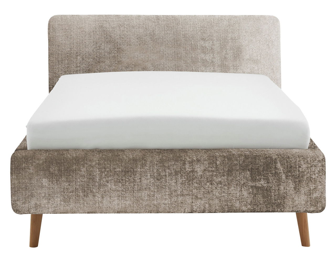 Frontale Ansicht eines Polsterbettgestells mit beigem Stoffbezug und Holzfüßen.